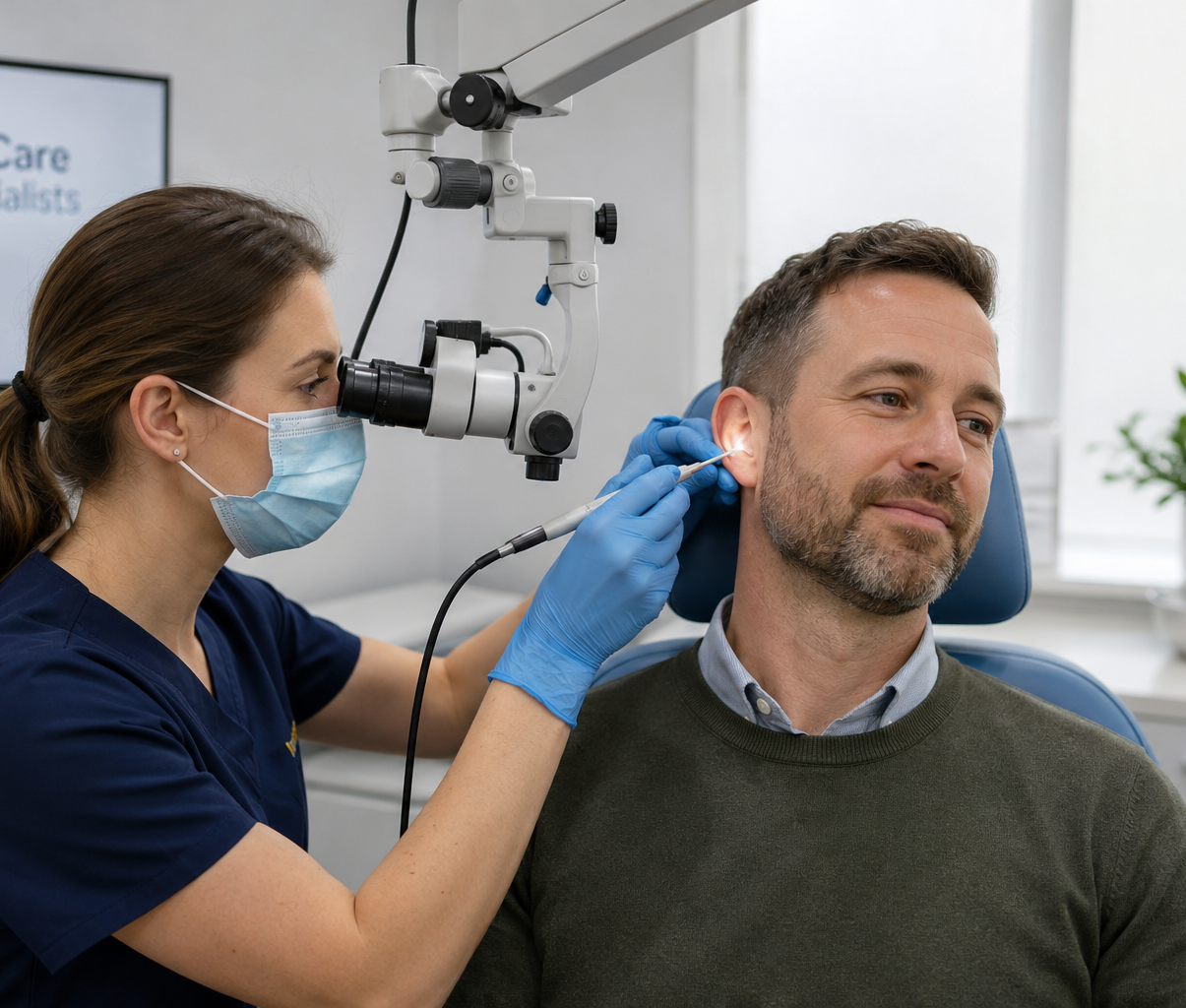 Practitioner using a microscope and suction probe to remove ear wax from a patient